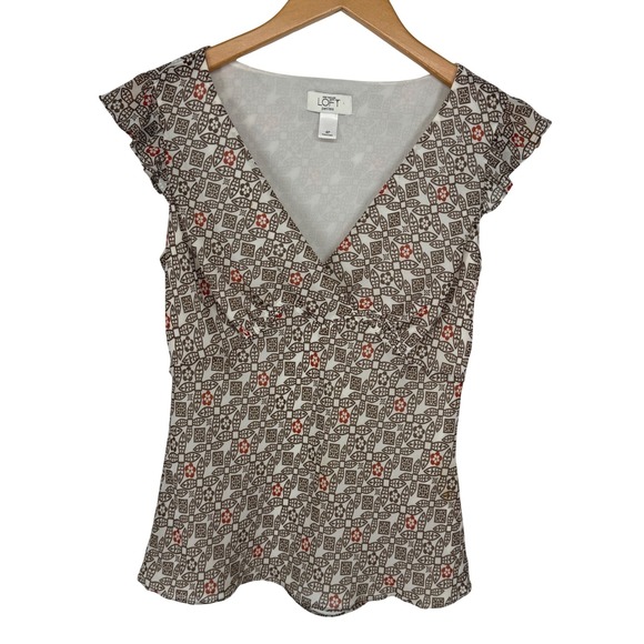 Ann Taylor LOFT Tops - Ann Taylor Womens Y2K Babydoll Blouse Top Size 4 Petite Brown Geometric Zip Vtg